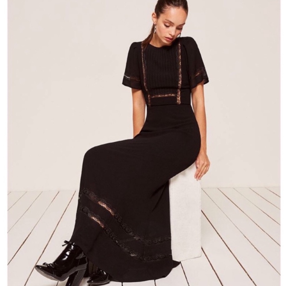 Reformation Patchouli Maxi Dress Black Pleated Lace Trim size 6